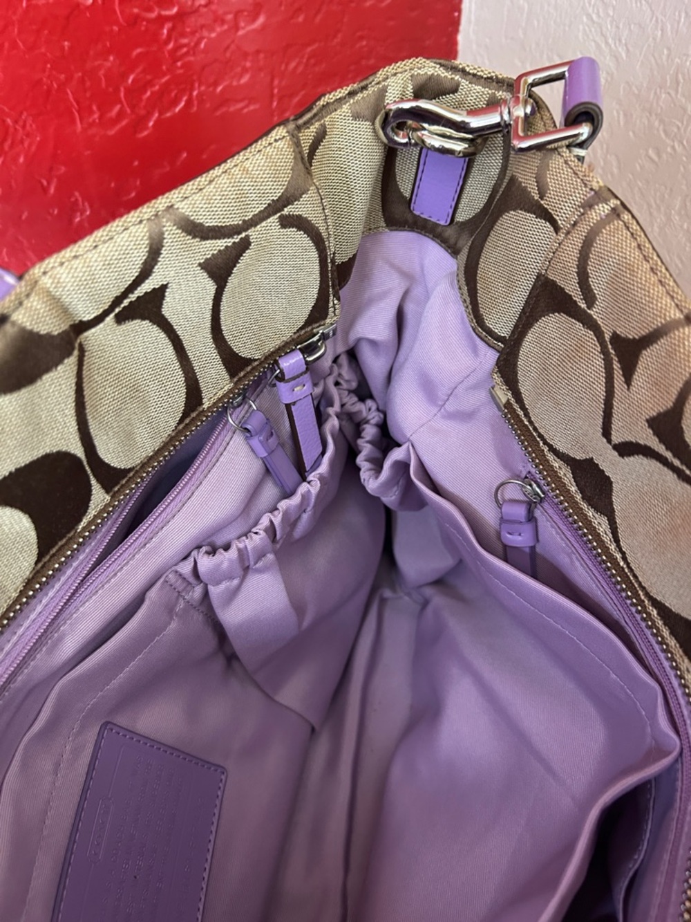 Coach Khaki Signature Tote diaper bag  with Lavender Trim - Picture 13 of 16